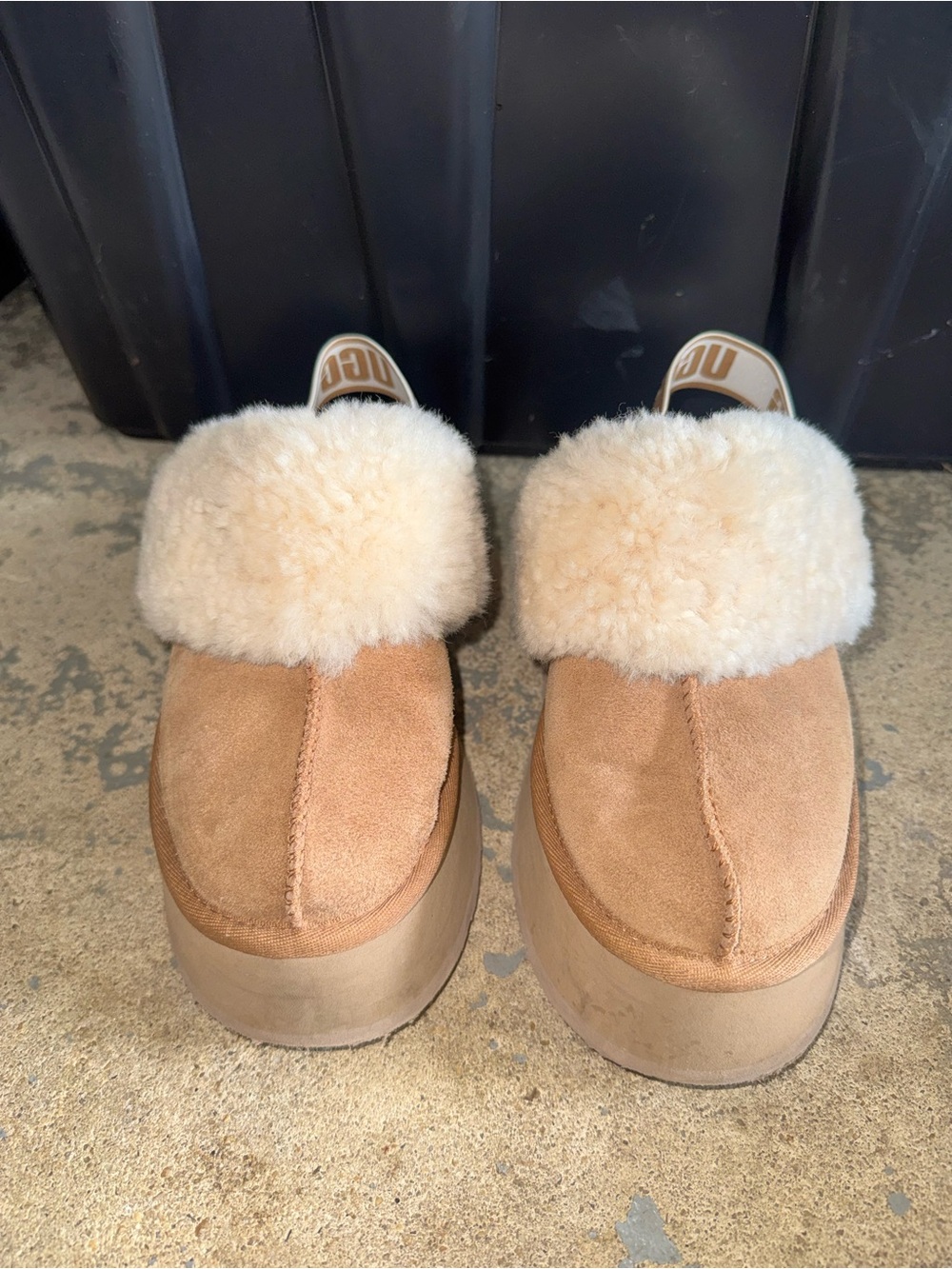 UGG Chestnut Suede Platform Shearling Mules